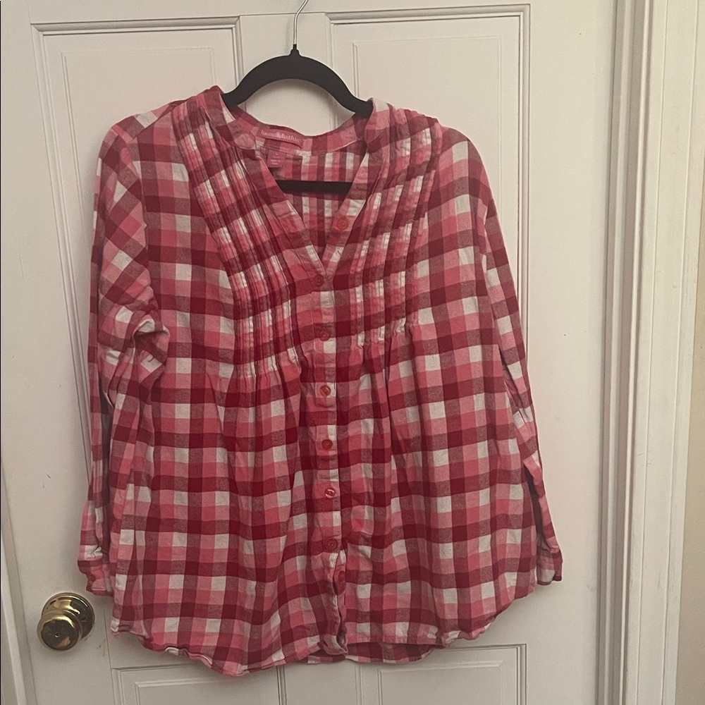 Plaid Button-Up Blouse - Red and White